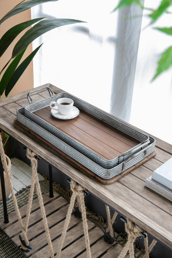 English Elm S/2 Rustic Fir Wood Serving Trays with Iron Accents for Farmhouse Tablescapes W2078P495641
