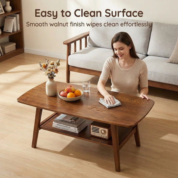 English Elm Mid Century Modern Solid Oak Two Tier Coffee Table with Open Shelf for Living Room Walnut W3204P469105