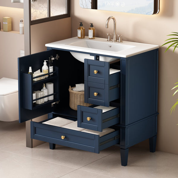 English Elm 30 30 Inch Bathroom Vanity with Ceramic Sink, Modern Compact 3-Drawer Storage Cabinet for Small Baths Blue N710P247499C