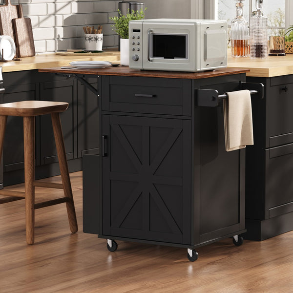 English Elm K&k Farmhouse Rolling Kitchen Cart with Drop Leaf Drawer Open Rack Lockable Wheels Black N707P404539B