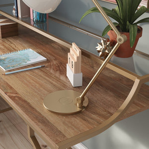English Elm Writing Desk with Warm Mango Finish and Satin Gold Metal Frame, Compact Engineered Wood Workspace and Glass Shelf, Sturdy Design for Home Office, Hallway or Guest Room — Easy Assembly B356P368904