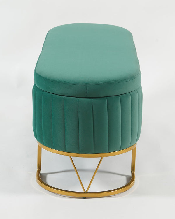 English Elm Oval Velvet Storage Bench with Metal Legs — Luxurious Upholstered Ottoman with Lift-Top Storage, 300lb Capacity, Modern Decorative Seating Green T3903P372933