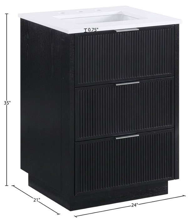 Meridian Furniture Willard Solid Wood Bathroom Vanity with Engineered Stone Top and Soft Close Drawer Storage Black 24 inches 436Black-24