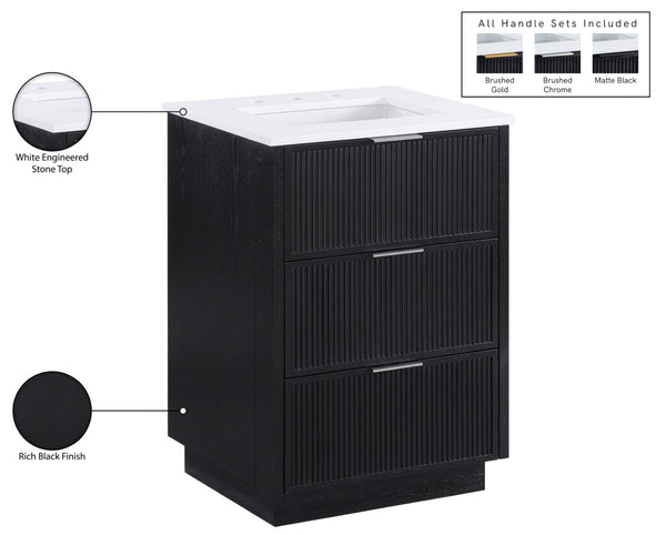 Meridian Furniture Willard Solid Wood Bathroom Vanity with Engineered Stone Top and Soft Close Drawer Storage Black 24 inches 436Black-24