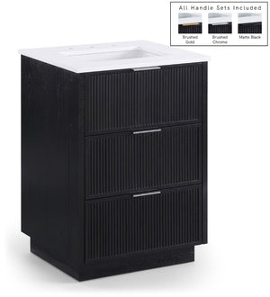 Meridian Furniture Willard Solid Wood Bathroom Vanity with Engineered Stone Top and Soft Close Drawer Storage Black 24 inches 436Black-24