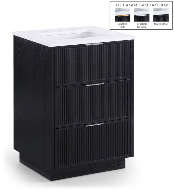 Meridian Furniture Willard Solid Wood Bathroom Vanity with Engineered Stone Top and Soft Close Drawer Storage Black 24 inches 436Black-24