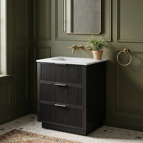 Meridian Furniture Willard Solid Wood Bathroom Vanity with Engineered Stone Top and Soft Close Drawer Storage Black 24 inches 436Black-24