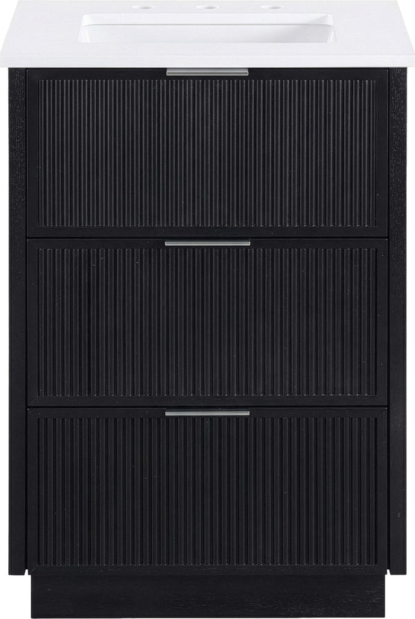 Meridian Furniture Willard Solid Wood Bathroom Vanity with Engineered Stone Top and Soft Close Drawer Storage Black 24 inches 436Black-24