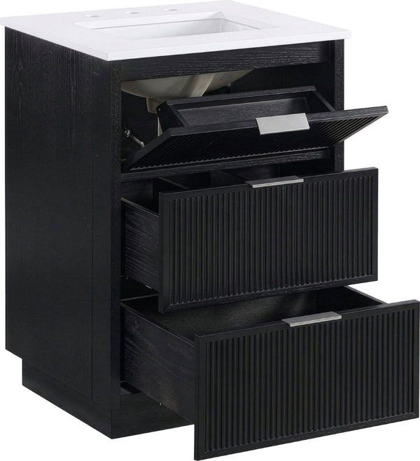 Meridian Furniture Willard Solid Wood Bathroom Vanity with Engineered Stone Top and Soft Close Drawer Storage Black 24 inches 436Black-24