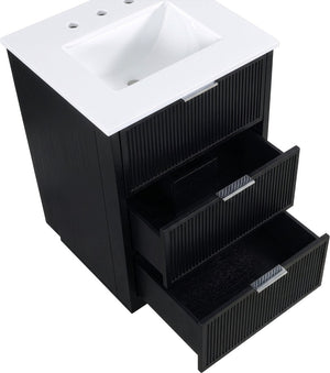 Meridian Furniture Willard Solid Wood Bathroom Vanity with Engineered Stone Top and Soft Close Drawer Storage Black 24 inches 436Black-24
