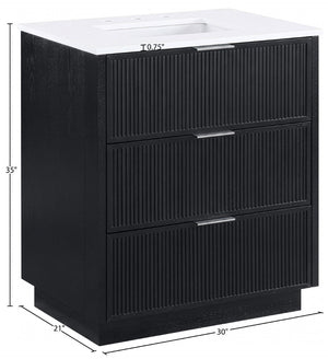 Meridian Furniture Willard Solid Wood Bathroom Vanity with Engineered Stone Top and Soft Close Drawer Storage Black 30 inches 436Black-30