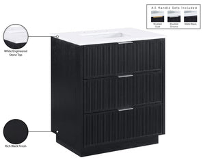 Meridian Furniture Willard Solid Wood Bathroom Vanity with Engineered Stone Top and Soft Close Drawer Storage Black 30 inches 436Black-30