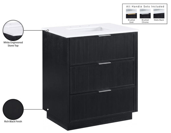 Meridian Furniture Willard Solid Wood Bathroom Vanity with Engineered Stone Top and Soft Close Drawer Storage Black 30 inches 436Black-30