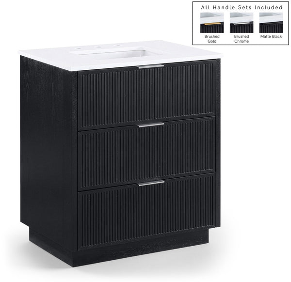 Meridian Furniture Willard Solid Wood Bathroom Vanity with Engineered Stone Top and Soft Close Drawer Storage Black 30 inches 436Black-30