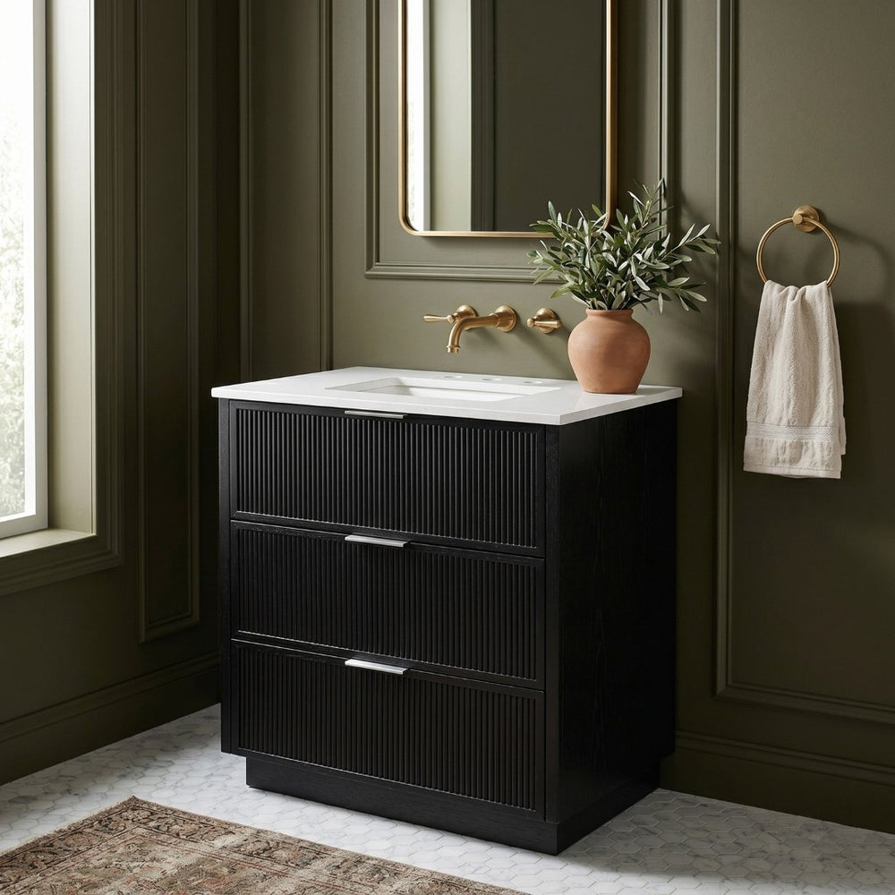 Meridian Furniture Willard Solid Wood Bathroom Vanity with Engineered Stone Top and Soft Close Drawer Storage Black 30 inches 436Black-30