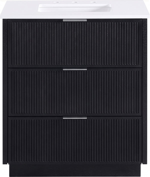 Meridian Furniture Willard Solid Wood Bathroom Vanity with Engineered Stone Top and Soft Close Drawer Storage Black 30 inches 436Black-30
