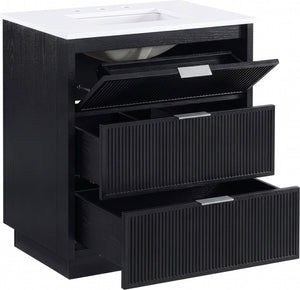 Meridian Furniture Willard Solid Wood Bathroom Vanity with Engineered Stone Top and Soft Close Drawer Storage Black 30 inches 436Black-30