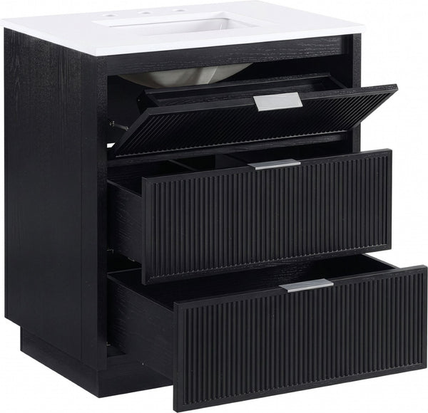 Meridian Furniture Willard Solid Wood Bathroom Vanity with Engineered Stone Top and Soft Close Drawer Storage Black 30 inches 436Black-30