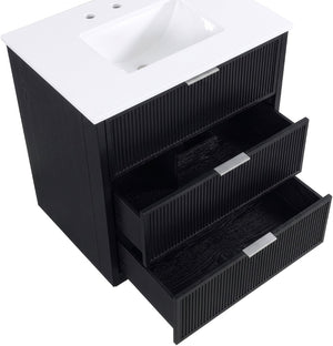 Meridian Furniture Willard Solid Wood Bathroom Vanity with Engineered Stone Top and Soft Close Drawer Storage Black 30 inches 436Black-30