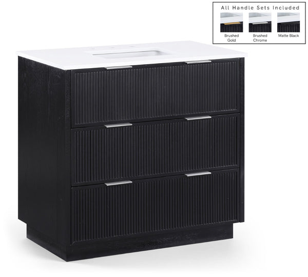 Meridian Furniture Willard Solid Wood Bathroom Vanity with Engineered Stone Top and Soft Close Drawer Storage Black 36 inches 436Black-36