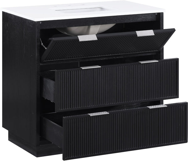 Meridian Furniture Willard Solid Wood Bathroom Vanity with Engineered Stone Top and Soft Close Drawer Storage Black 36 inches 436Black-36