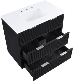 Meridian Furniture Willard Solid Wood Bathroom Vanity with Engineered Stone Top and Soft Close Drawer Storage Black 36 inches 436Black-36