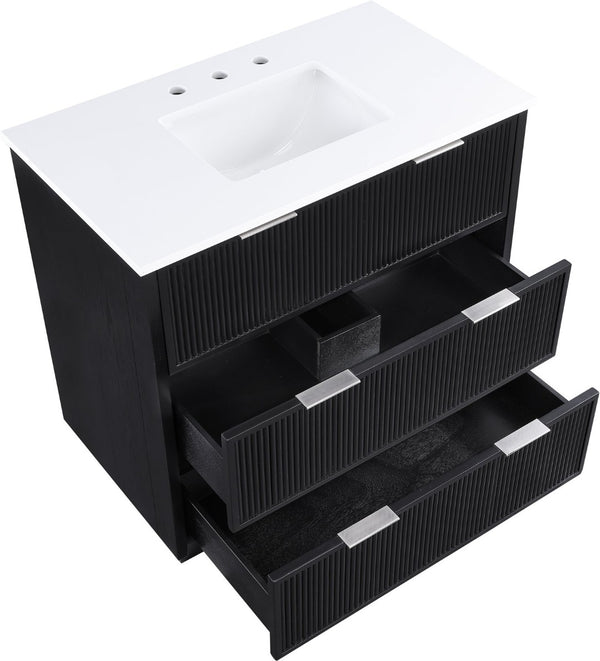Meridian Furniture Willard Solid Wood Bathroom Vanity with Engineered Stone Top and Soft Close Drawer Storage Black 36 inches 436Black-36