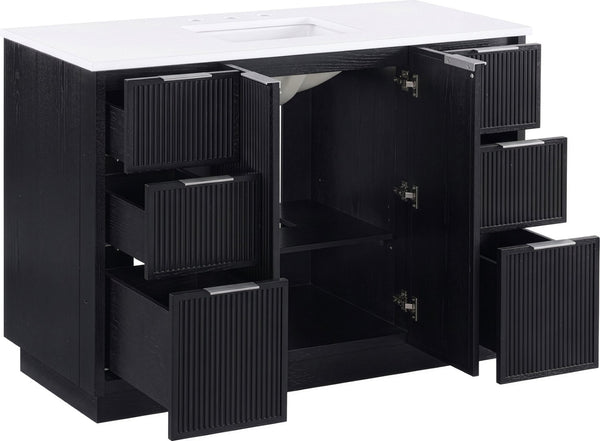 Meridian Furniture Willard Solid Wood Bathroom Vanity with Engineered Stone Top and Soft Close Drawer Storage Black 48 inches 436Black-48