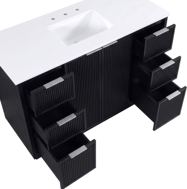 Meridian Furniture Willard Solid Wood Bathroom Vanity with Engineered Stone Top and Soft Close Drawer Storage Black 48 inches 436Black-48