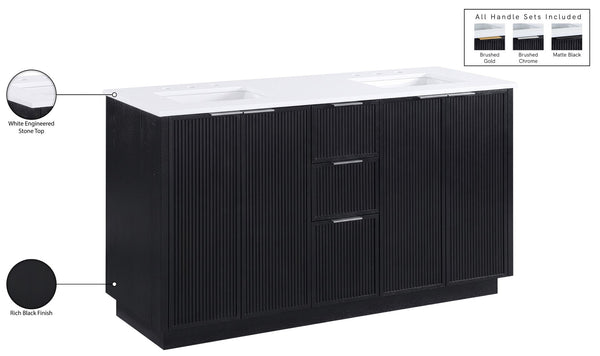 Meridian Furniture Willard Solid Wood Bathroom Vanity with Engineered Stone Top and Soft Close Drawer Storage Black 60 inches 436Black-60