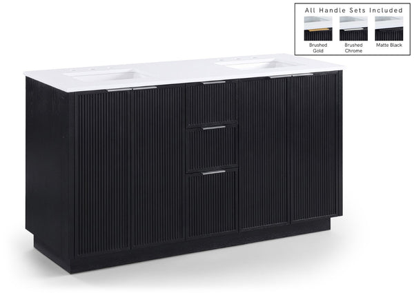 Meridian Furniture Willard Solid Wood Bathroom Vanity with Engineered Stone Top and Soft Close Drawer Storage Black 60 inches 436Black-60