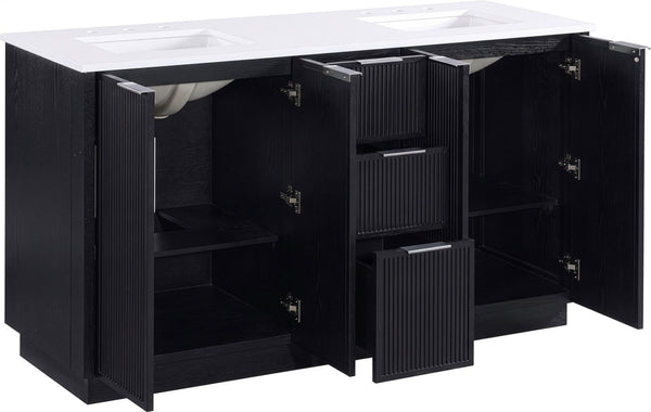 Meridian Furniture Willard Solid Wood Bathroom Vanity with Engineered Stone Top and Soft Close Drawer Storage Black 60 inches 436Black-60