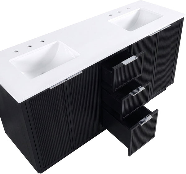 Meridian Furniture Willard Solid Wood Bathroom Vanity with Engineered Stone Top and Soft Close Drawer Storage Black 60 inches 436Black-60