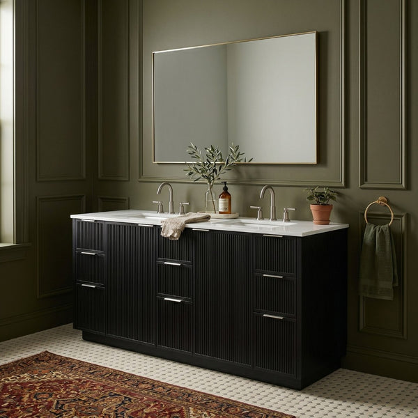 Meridian Furniture Willard Solid Wood Bathroom Vanity with Engineered Stone Top and Soft Close Drawer Storage Black 72 inches 436Black-72