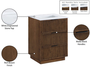 Meridian Furniture Willard Solid Wood Bathroom Vanity with Engineered Stone Top and Soft Close Drawer Storage Brown 24 inches 436Brown-24