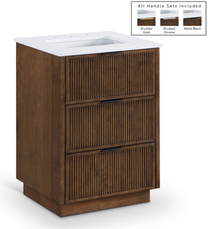 Meridian Furniture Willard Solid Wood Bathroom Vanity with Engineered Stone Top and Soft Close Drawer Storage Brown 24 inches 436Brown-24