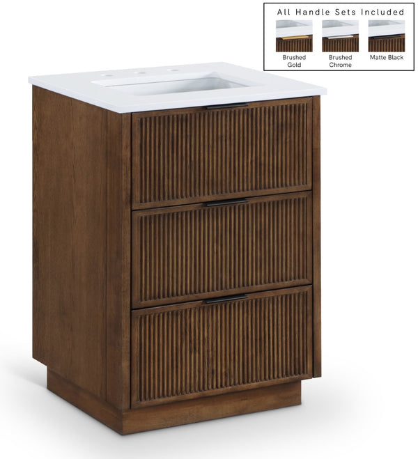 Meridian Furniture Willard Solid Wood Bathroom Vanity with Engineered Stone Top and Soft Close Drawer Storage Brown 24 inches 436Brown-24