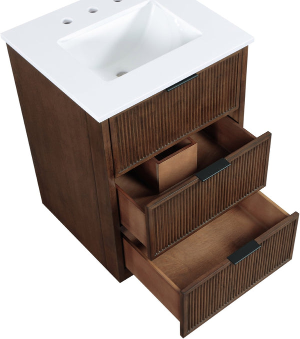 Meridian Furniture Willard Solid Wood Bathroom Vanity with Engineered Stone Top and Soft Close Drawer Storage Brown 24 inches 436Brown-24