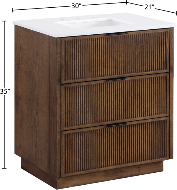 Meridian Furniture Willard Solid Wood Bathroom Vanity with Engineered Stone Top and Soft Close Drawer Storage Brown 30 inches 436Brown-30