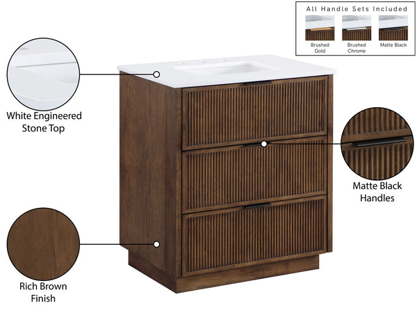 Meridian Furniture Willard Solid Wood Bathroom Vanity with Engineered Stone Top and Soft Close Drawer Storage Brown 30 inches 436Brown-30