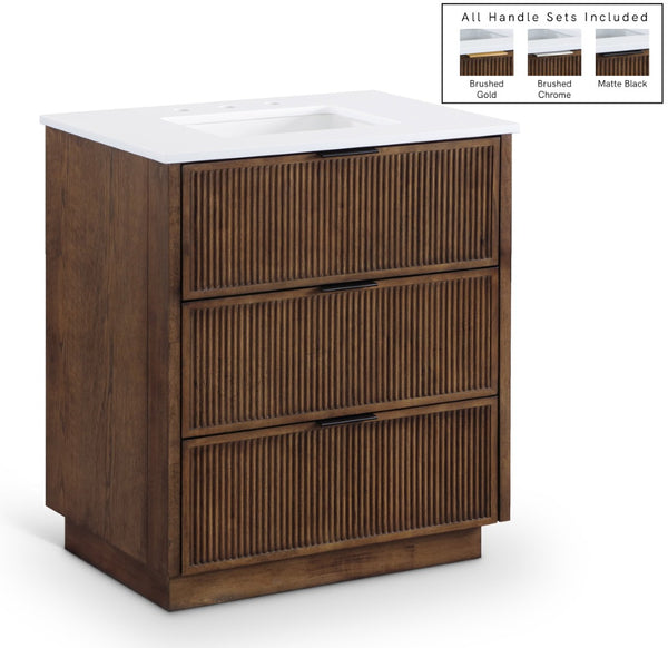 Meridian Furniture Willard Solid Wood Bathroom Vanity with Engineered Stone Top and Soft Close Drawer Storage Brown 30 inches 436Brown-30