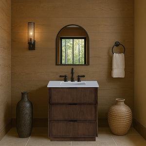 Meridian Furniture Willard Solid Wood Bathroom Vanity with Engineered Stone Top and Soft Close Drawer Storage Brown 30 inches 436Brown-30