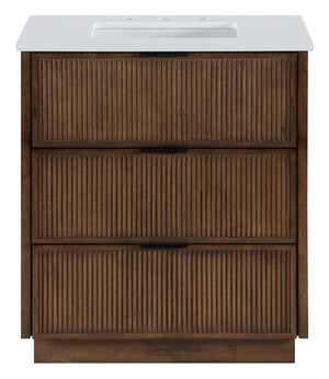 Meridian Furniture Willard Solid Wood Bathroom Vanity with Engineered Stone Top and Soft Close Drawer Storage Brown 30 inches 436Brown-30