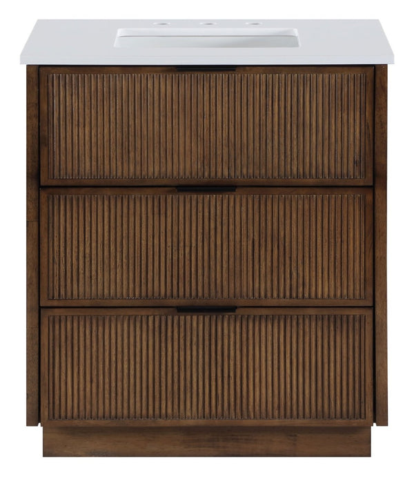 Meridian Furniture Willard Solid Wood Bathroom Vanity with Engineered Stone Top and Soft Close Drawer Storage Brown 30 inches 436Brown-30