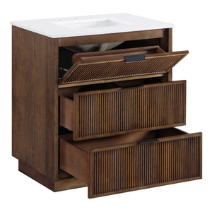 Meridian Furniture Willard Solid Wood Bathroom Vanity with Engineered Stone Top and Soft Close Drawer Storage Brown 30 inches 436Brown-30