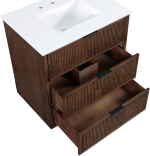 Meridian Furniture Willard Solid Wood Bathroom Vanity with Engineered Stone Top and Soft Close Drawer Storage Brown 30 inches 436Brown-30