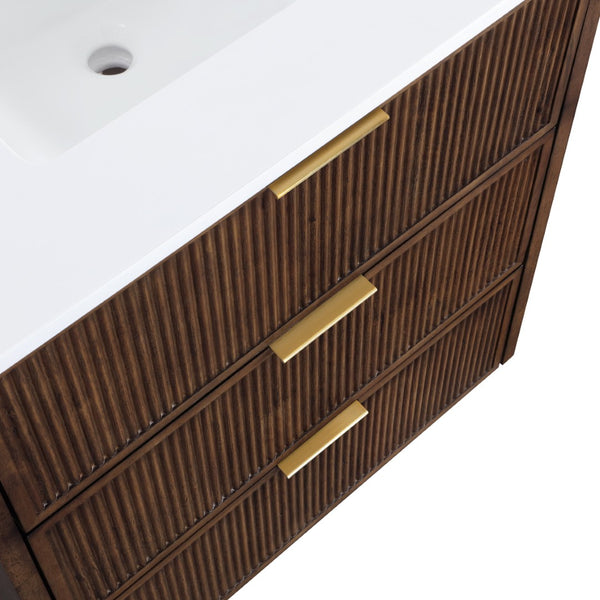 Meridian Furniture Willard Solid Wood Bathroom Vanity with Engineered Stone Top and Soft Close Drawer Storage Brown 30 inches 436Brown-30
