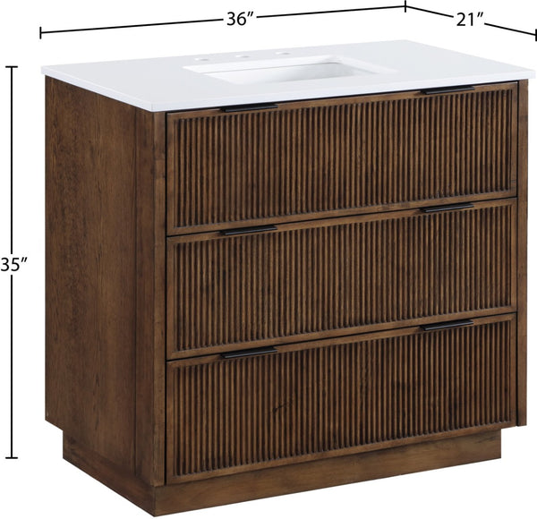 Meridian Furniture Willard Solid Wood Bathroom Vanity with Engineered Stone Top and Soft Close Drawer Storage Brown 36 inches 436Brown-36