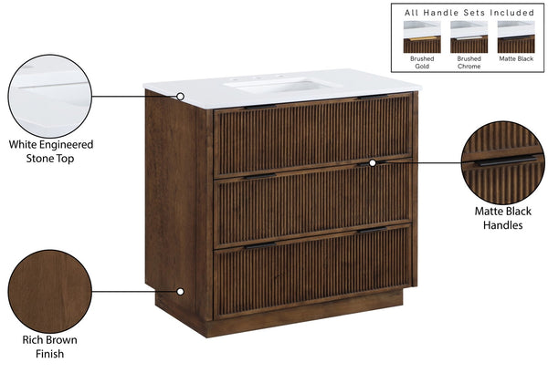 Meridian Furniture Willard Solid Wood Bathroom Vanity with Engineered Stone Top and Soft Close Drawer Storage Brown 36 inches 436Brown-36