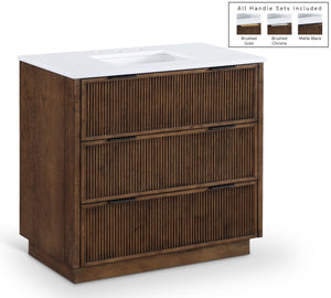 Meridian Furniture Willard Solid Wood Bathroom Vanity with Engineered Stone Top and Soft Close Drawer Storage Brown 36 inches 436Brown-36
